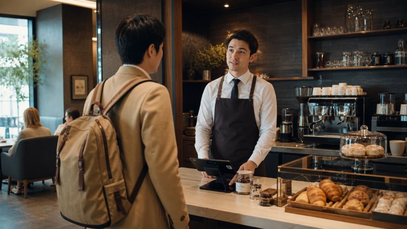 カフェのカウンターで、店員が客に話しかけている。