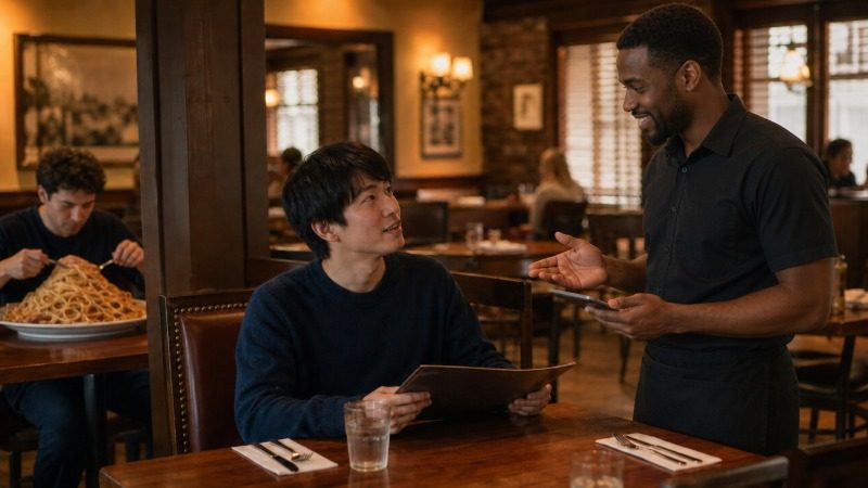 レストランで、メニューを持つ客にウェイターが話しかけている。