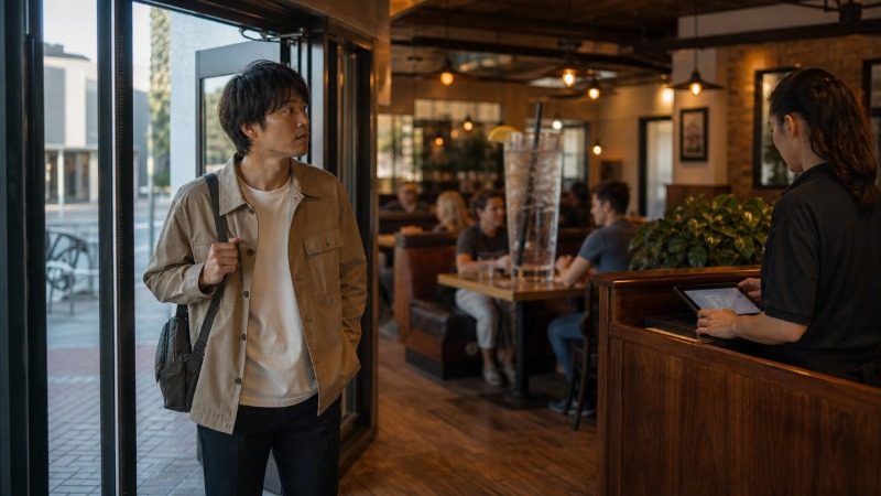 レストランの入り口で、店員が入ってきた客に話しかけている。